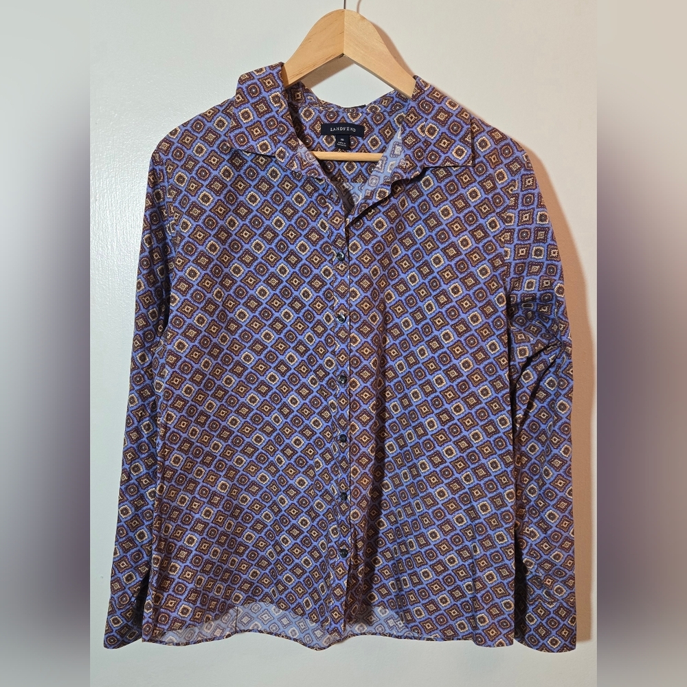Lands' End No Iron Supima Shirt - Blue and Brown Geometric